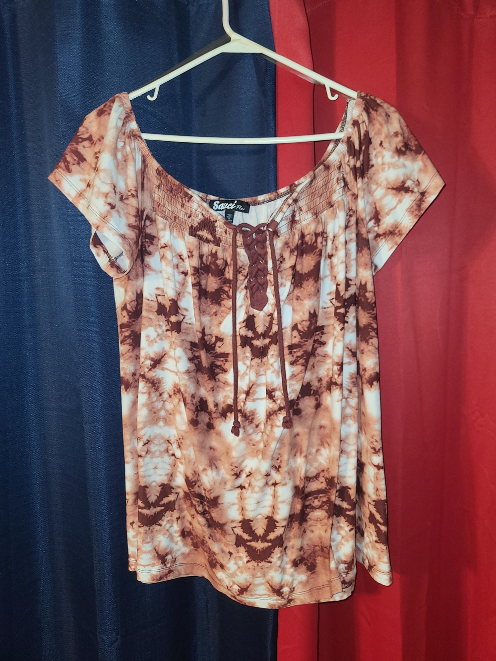 Sauci Plus Tie-Dye Brown Short Sleeve Peasant Top